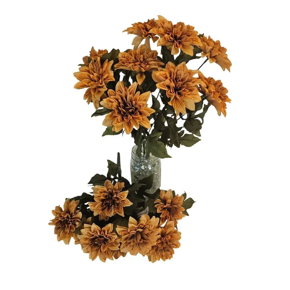 Artificial Tan Mum Flower Bushes Lot 2 15in Silk Chrysanthemum Fall Floral Decor